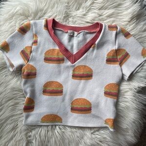 Burger Print V-Neck Crop - White and Pink